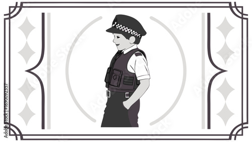 Illustration of a young person in a police uniform profile view vector art graphic design security concept.