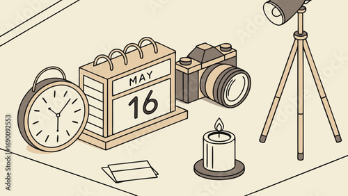 Isometric Illustration of Photography Setup with Calendar Camera Clock and Lighting.