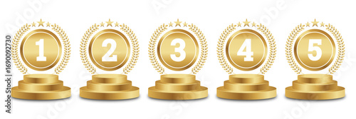 Set of Golden Number Award on Podium Stage. Number Ranking 1 2 3 4 5. Vector Illustration Isolated on White Background. Award, podium ,trophy, badge, emblem, label, vector.