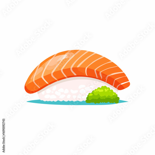 Salmon sushi nigiri with rice and seaweed, conveying Japanese cuisine and flavor.