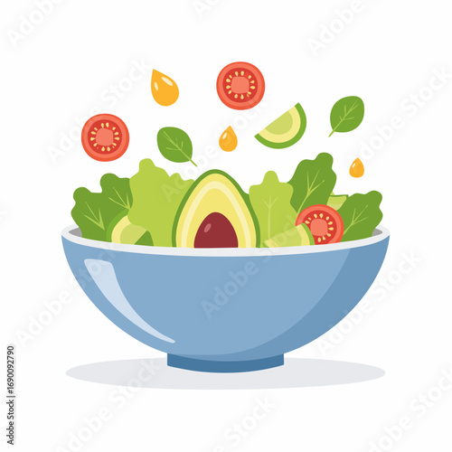 Fresh salad bowl with lettuce, avocado, tomato, cucumber, and olives, conveying health and nutrition.