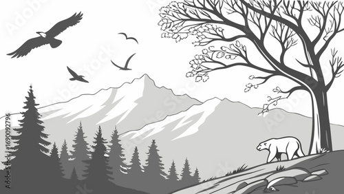 Majestic Mountain Landscape with Wildlife and Trees A grayscale illustration.