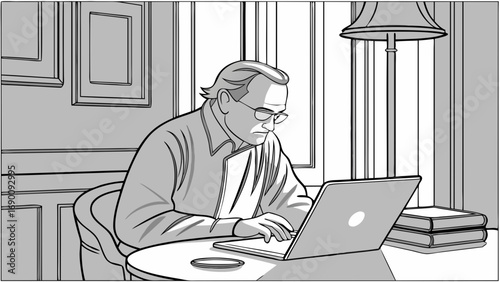Man working on laptop at home grayscale illustration adult computer office home office business professional technology work from home remote work freelance indoor adult male typing focused concentra.