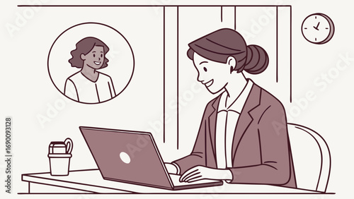 Online Video Conference Businesswoman Working from Home Remote Meeting Illustration.