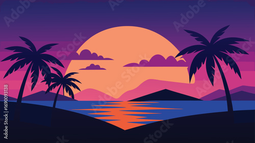 Vibrant Sunset Over Tropical Island Landscape Silhouette with Palm Trees and Ocean Reflections