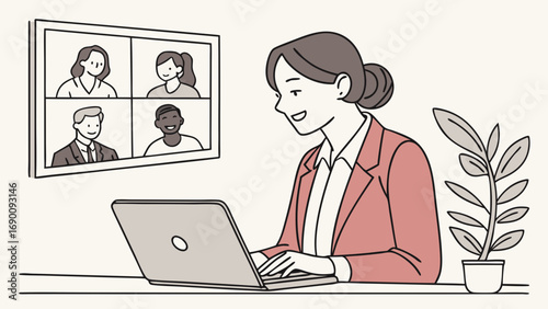 Online Video Conference Remote Work Business Meeting Laptop Woman Working from Home.