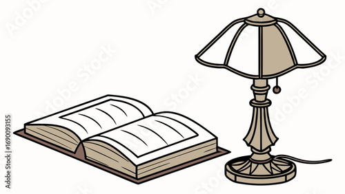 Open book and table lamp reading study home decor literature knowledge education vintage antique elegant classic illustration design element book illustration lamp illustration interior design home o.