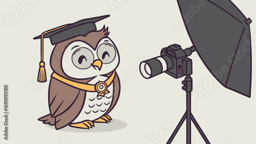 Owl in Graduation Cap Photo Shoot Cartoon Illustration Mascot Education Knowledge Wisdom.