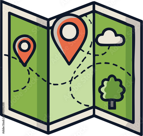 Folded map displays location pins and dotted route through green landscape with a cloud and tree, suggesting adventure and travel planning.