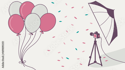 Photo Studio Setup with Balloons and Confetti Perfect for Festive Designs and Celebrations.