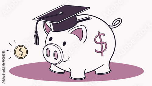 Piggy bank with graduation cap saving for education money finance illustration.