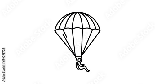 Minimalist line art illustration of a person parachuting, black and white.