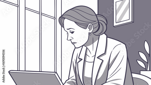 Sad woman working on tablet near window vector illustration grayscale business office home office thoughtful pensive serious digital art drawing illustration graphic design artwork portrait woman fem.