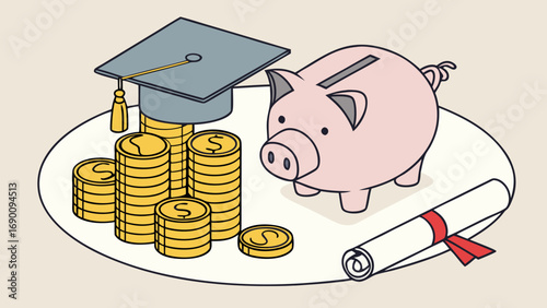 Saving for Education Piggy Bank Graduation Cap Coins and Diploma Illustration.