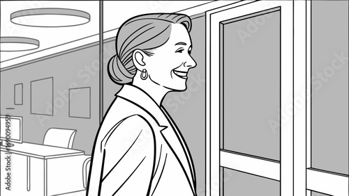 Smiling businesswoman entering an office.