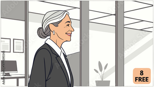 Smiling senior businesswoman in modern office illustration profile view vector art business woman portrait.