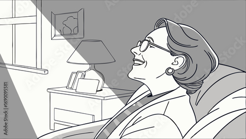 Smiling Senior Woman Relaxing Indoors Black and White Line Art Illustration.