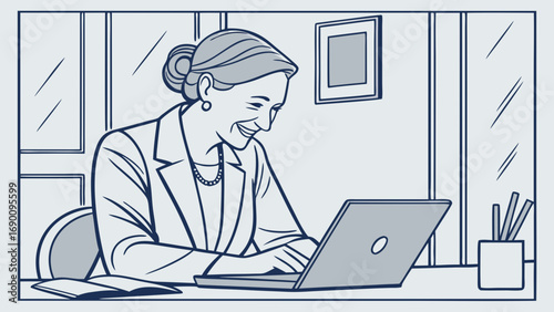 Smiling senior woman working on laptop computer at home office desk.