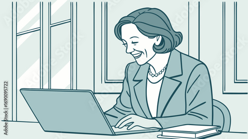 Smiling woman working on laptop computer in office.