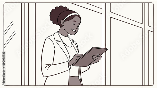 Smiling woman using tablet digital device modern technology professional business office indoors illustration graphic drawing line art simple minimalist portrait female person happy content technolog.