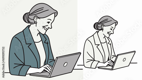 Smiling woman working on laptop line art illustration two color variations.