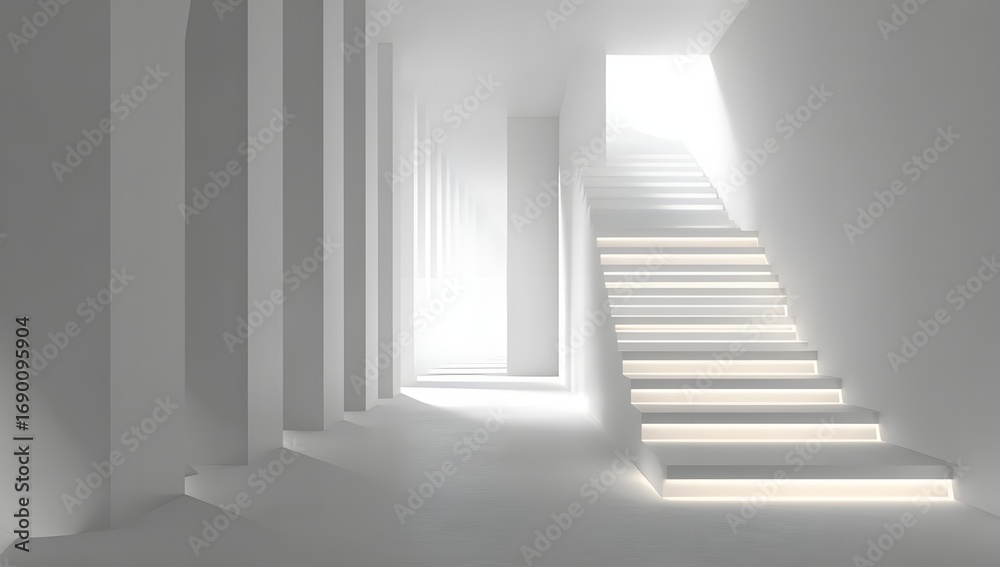 Fototapeta premium Minimalist white interior with geometric stairs and large windows