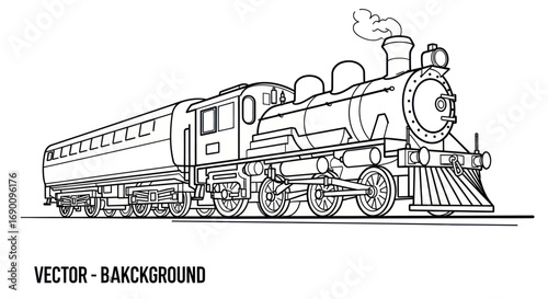 Vintage Steam Locomotive Train Line Art Drawing.