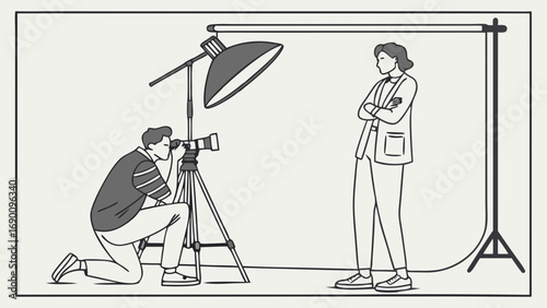 Studio Photography Session Photographer and Model Illustration Photo Shoot Concept Professional Camera Lighting Equipment Fashion Photography Portrait Illustration Graphic Design Element.