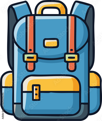 Blue backpack with yellow accents sitting upright, ready for travel and adventure, evoking a sense of wanderlust and preparedness.