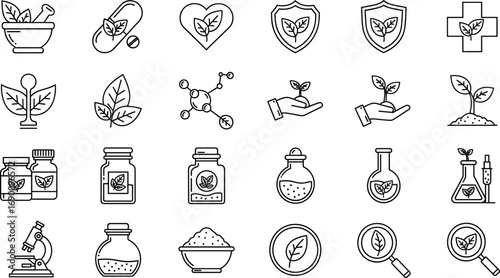 Herbal medicine and natural remedies outline icons set, organic healthcare with plants, leaves, supplements, laboratory science, microscope, and wellness.