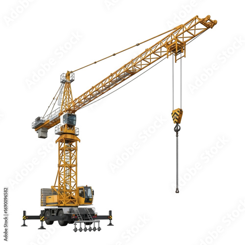 Yellow construction tower crane isolated on transparent background