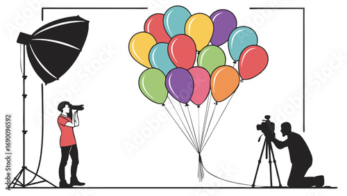 Studio Photography Setup with Colorful Balloons Photo Shoot Videography Film Production Celebration Party Event Colorful Bright Festive Happy Joyful Fun Camera Photographer Videographer Lighting Equi.