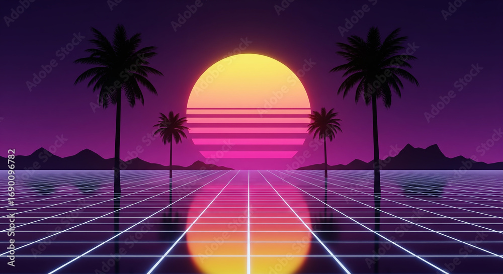 Naklejka premium A vibrant retro synthwave sunset with neon grid, palm trees, and mountains. Perfect for 80s nostalgia and futuristic themes.