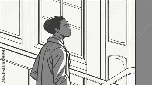 Stylish Person Standing Near a Building Black and White Illustration Side Profile.