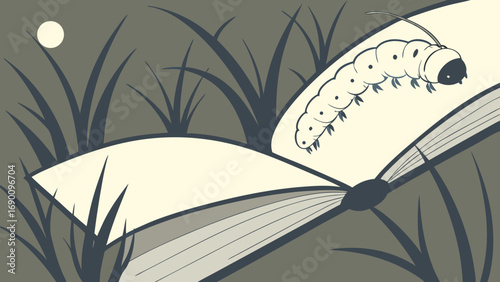 Stylized illustration of a caterpillar on an open book in tall grass at night.