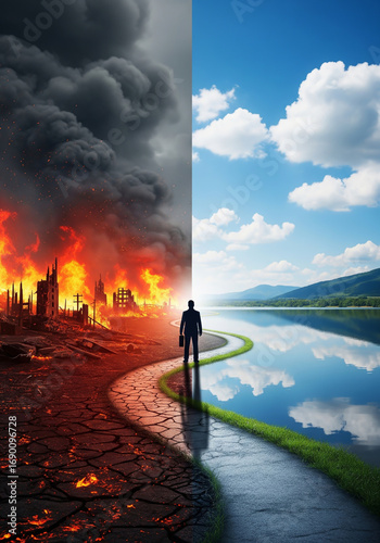 A man stands at a crossroads, with a path leading to a world of destruction and another to a beautiful, serene landscape. This image represents decision, a pivotal moment, and the choice between two f