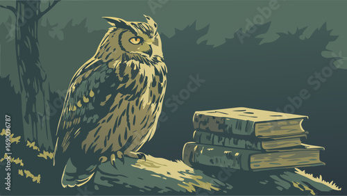 Stylized owl perched on a branch with books in a forest setting.