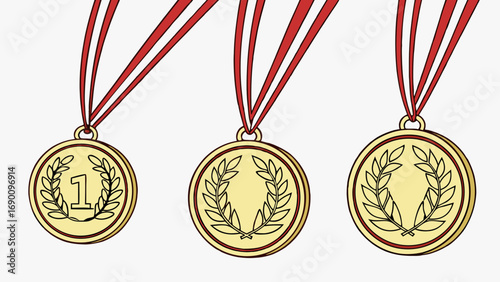 Three Gold Medals with Red Ribbons Winners Awards Achievement Success Competition Victory Champion First Second Third Place Prize Reward Celebration Laurel Wreath Graphic Design Element Sports Games .