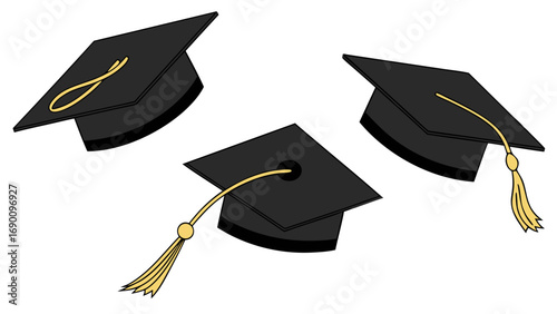 Three graduation caps academic achievement ceremony education success vector illustration.