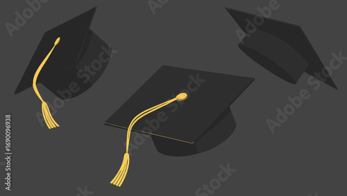 Three Graduation Caps Academic Ceremony Education Symbol Flat Lay Design Achievement Success.