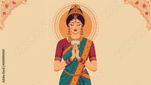 Cultural heritage illustration of Indian woman in sari with lotus, festive vector for Diwali and Pongal, Ai generate 