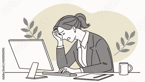Tired businesswoman working on computer stressed frustrated headache office illustration work pressure deadline fatigue burnout exhaustion mental health professional business employee job career stre.