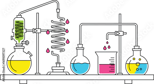 Vector illustration of chemistry laboratory equipment with flasks, beakers, condenser, tubes, colorful liquids, distillation process, science experiment, research.