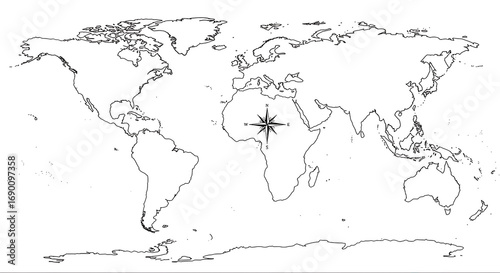 A black and white world map outline displaying continents and a compass rose centered on africa view