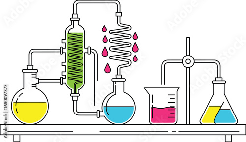 Vector illustration of colorful chemistry laboratory equipment with flasks, beakers, condenser, liquids, experiments, distillation, research, science education, laboratory setup.