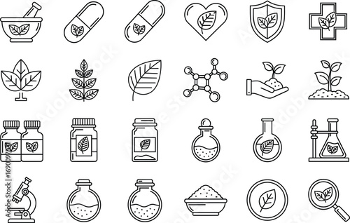 Vector illustration of herbal medicine and science icons including pills, bottles, flasks, leaves, research, laboratory, healthcare, organic supplements.