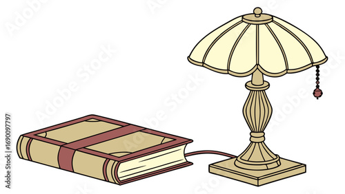 Vintage Table Lamp and Book Illustration Reading Corner Home Decor Cozy Atmosphere Bookworm Classic Literature Interior Design Element Desk Lamp Nightstand Lamp Light Fixture Reading Light Book and L.