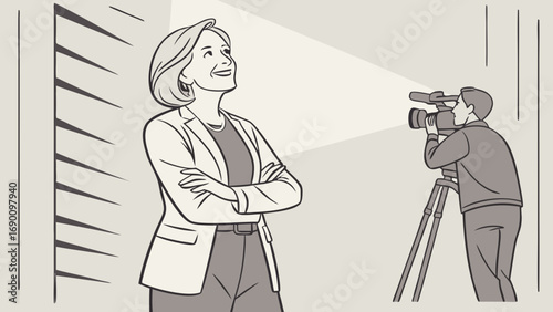 Woman being interviewed by cameraman professional video recording confident female portrait news broadcast media television journalist interviewee interview setting studio filming camera operator tri.