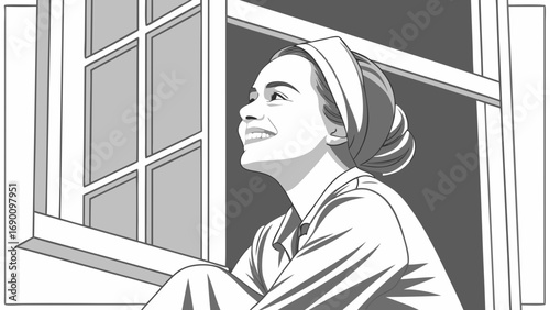 Woman looking out window black and white illustration hopeful expression stylish headband modern art graphic design vector illustration profile view portrait female happiness joy serene peaceful calm.