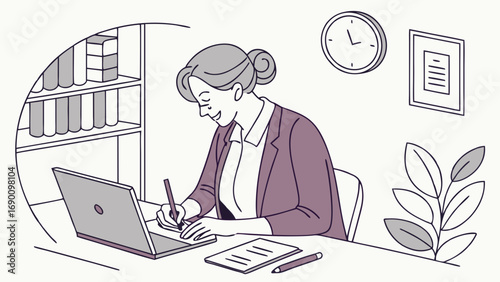 Woman working at desk with laptop taking notes office illustration digital art.